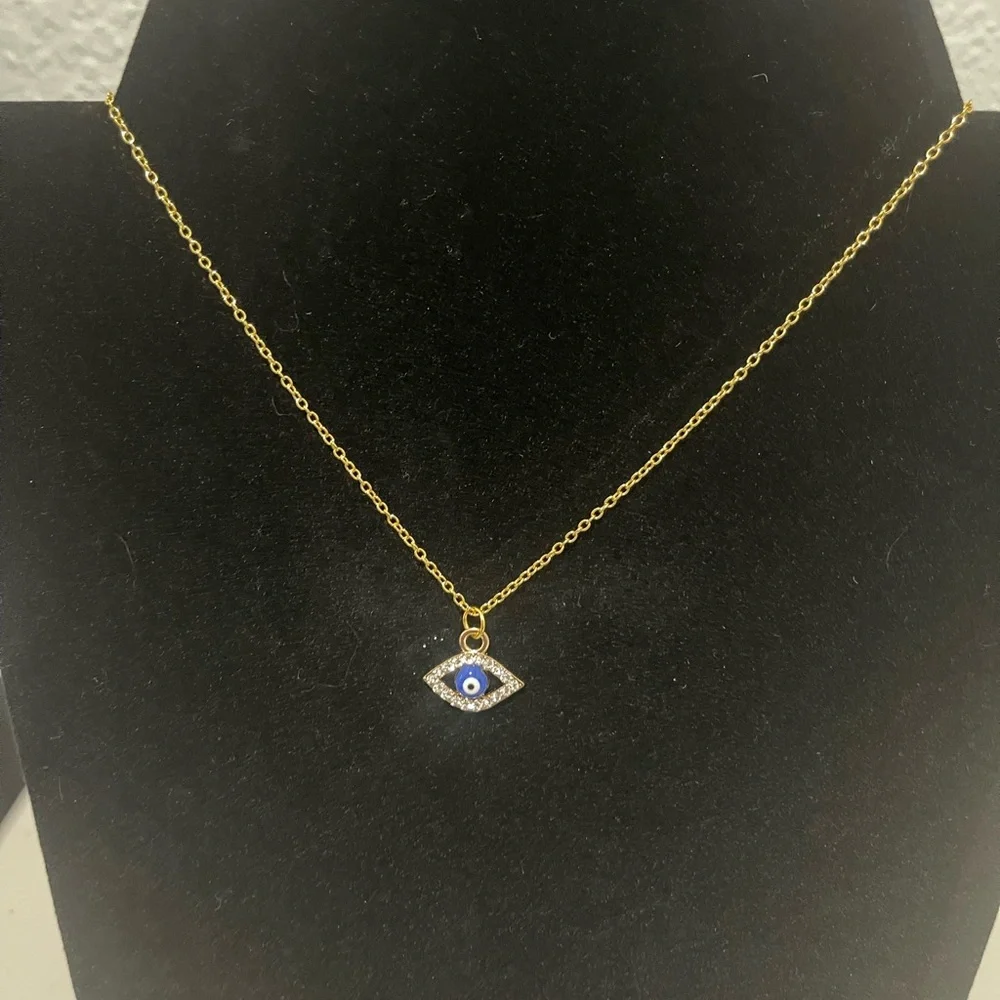 Gold and Blue Evil Eye Necklace with Dainty Chain